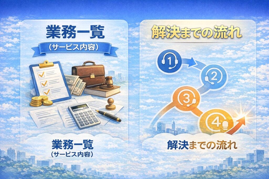 業務一覧（サービス内容と料金）と解決までの流れ